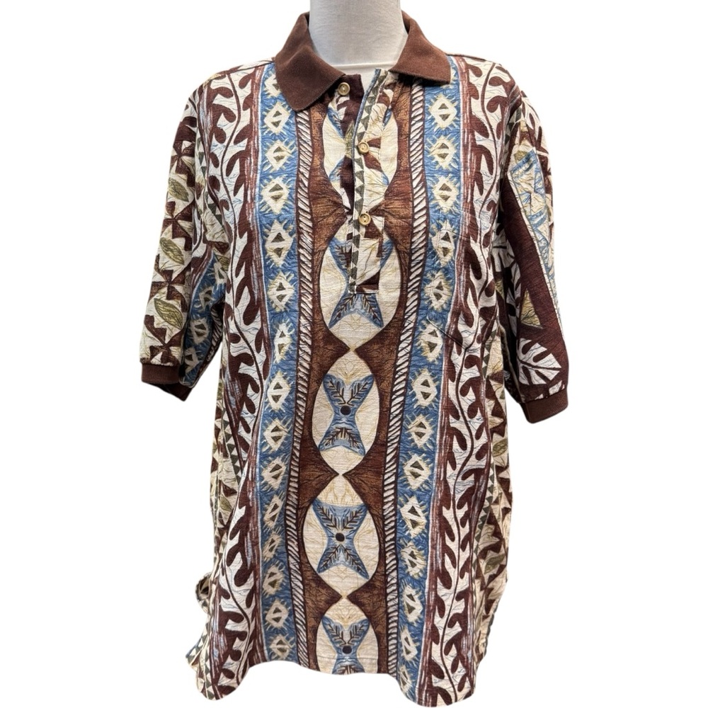 Hawaiian Men’s Polo Shirt Sz S Tapa  Print Barkcloth Kalaheo Alohawear Tropical